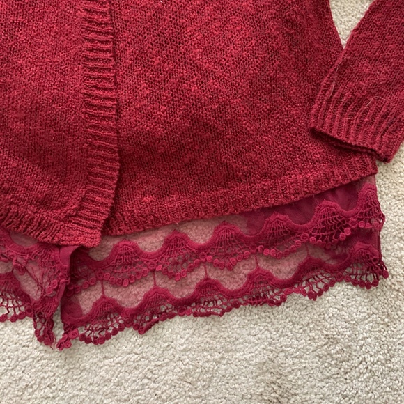 New Directions Maroon Open Front Lace Cardigan- M - Picture 8 of 11